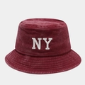 Detail of burgundy washed cotton bucket hat featuring white NY embroidered logo and texture - M (56-58cm) / Burgundy