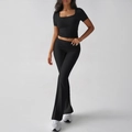Set sportivo Y2K donna nero con top corto scollo quadrato e pantaloni svasati vita alta - S / Nero