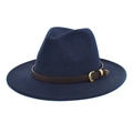 Detail of dark blue fedora hat with brown leather strap and vintage gold buckle - M (56-58cm) / Navy Blue
