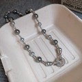 Macro detail of grey pearl necklace with silver textured beads and crystal buckle - Pearl 8-10mm (40#) / Silver-Grey