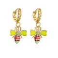 Close-up of 18K gold plated bee drop earrings with multi-color enamel and small zircons - Colorful