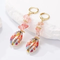 Pink gemstone beads and painted shell dangle earrings with golden hoop closures - 01 KC Gold Strawberry Crystal K-321
