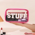 Pink waterproof PVC makeup bag with white STUFF letter patches and gold glitter trim - Rose Red White Letter (STUFF)