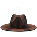 Primer plano de sombrero jazz de ala plana con estampado de leopardo marrón y negro en fieltro - Tie-Dye Brown Black Camo (13)