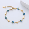 18k gold plated stainless steel bracelet featuring blue daisy flowers and heart links - Blue Flower