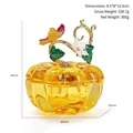 Pumpkin shaped yellow glass jewelry jar with floral butterfly metal lid and dimensions - Yellow Pumpkin Crystal Cup