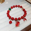 Rotes Zinnoberperlenarmband mit Pfirsichblütenanhänger und grünem Akzent - Pfirsichblüten Glück Quadratischer Anhänger Stil (51# Armband-Rot)