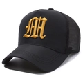 Black mesh trucker hat with gold gothic letter M embroidery for men's outdoor casual wear - Letter M Black with Gold Embroidery