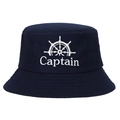 Close-up of white Captain embroidery and helm wheel on navy blue cotton bucket hat - Adjustable / Navy Blue Captain