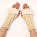 Detail of cable knit texture and faux fur trim on beige fingerless wrist warmers - One Size / Beige