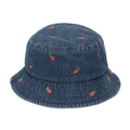 Detailed view of red strawberry embroidery on dark blue denim bucket hat for kids - 50cm / Strawberry Dark Blue