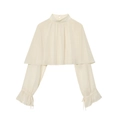 Elegant ivory high-neck draped layer chiffon blouse with long puffed sleeves on white background - XS / Apricot