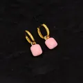 Elegant gold hoop earrings with soft pink square enamel pendants on black stone - Square Pendant / Pink Square Style (EH0054 Pink)