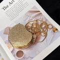 Elegant gold heart-shaped clutch bag covered in sparkling rhinestones with a chain strap - Gold Heart Small Rhinestone