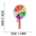 Detailed view of rainbow lollipop embroidery patch with size labels 6cm by 3cm - Rainbow Lollipop (W25SG-072-35)