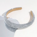Detail of wide sparkling silver rhinestone headband with soft brown suede inner lining - Silver