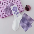 White cotton crew sock with purple floral pattern and vibrant decorative aesthetic - White with Purple Flower (No. 07)