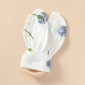 Baby teething ring with cotton rabbit ears featuring blue floral print and wood - Blue Floral