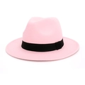 Elegant pink wool fedora hat with black decorative band and flat wide brim for winter - One Size / Pink