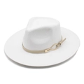 Classic white wide brim wool felt fedora hat with beige leather band and gold buckle - M(56-58cm) / White