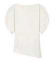 Close-up of white asymmetric top featuring curved puff sleeves and diagonal hemline - XS / White