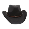 Black woven cowboy hat featuring a brown leather band and vintage bull skull ornament - One Size / Black (Small Bull Head)