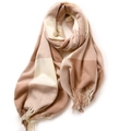 Classic beige and white checkered plaid scarf with fringe, soft cashmere-like texture - 180cm / Rice Camel