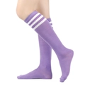 Detail of purple calf high socks with three white stripes made of soft knitted cotton - One Size / Lavender with White Stripes