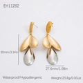 Orecchini a foglia bicolore in acciaio inossidabile placcati oro 18K per donne - Placcato Oro 18K / Grande Stile a Goccia a Contrasto (EH11282)