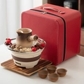 Portable tea set with ceramic pot, stove, and red leather carrying case for brewing - Cinnabar Jar Pot Tea Set (Red) Gift Box / 1 Pot 4 Cups + Stove + Red Case