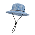 Wide brim bucket hat in dark blue and white blend with brown faux leather trim - Light Blue