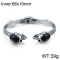 Silver skull bangle for men with black gemstones and embossed texture on steel - Skull Style / Inner Diameter 66x10mm