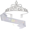 Close-up of silver glitter birthday sash and sparkling rhinestone tiara set - Set / Silver Set (Style II)