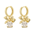 Close-up of golden bow-shaped earrings with square zircon drops on white background - Gold White Zircon Gift Bag
