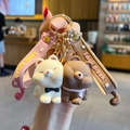 Süßes Shiba Inu und Katzen Schlüsselanhänger-Set mit passenden Silikon-Handschlaufen - Bären Paar / Rosa Weiß/Braun