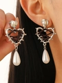 Silver thorn heart earrings with white pearls and woven cross detail in punk style - Brown Woven Barbed Heart Pearl Eardrop (1905)