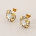 Pendientes de botón ovales en acero inoxidable chapado en oro 18k con piedra y cristales - Estilo de Diamantes de Imitación Dorados (KE113875-KFC)