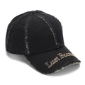 Detailed macro view of distressed black baseball cap with camo fraying and gold embroidery - One Size / Black