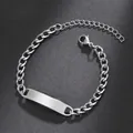 Polished silver stainless steel Cuban link bracelet with engravable blank bar plate - 1:1 NK Chain with Extension / Steel