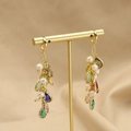 Baroque pearl earrings with colorful gemstone tassels on a golden metal stand - Colorful Teardrop Set Earrings