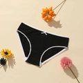Close-up of black ribbed panties with delicate white lace trim and a small bow detail - Black