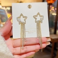 Elegant gold star fringe tassel earrings with white crystal rhinestones and S925 silver needle - Gold Star Full Zircon Long Tassel (E0091)