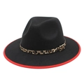 Classic black wide brim fedora hat with red trim and leopard print band with metal buckle - M (56-58cm) / Black