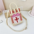 Close-up of knit crossbody bag with mahjong character and pink bow on desk - 31-Beige and Red Striped-Zhong