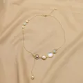 Y-shaped necklace with natural freshwater pearls and blue bead on champagne silk - Asymmetric Pendant (Asymmetric Set Pendant Necklace)