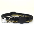 Black cat collar with golden glitter stripes, black cat face buckle and small silver bell - Black