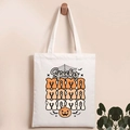 Detail of Spooky MAMA Halloween print on beige canvas tote bag with pumpkin and bats - Spooky Mama Ghosting