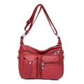 Borsa a tracolla rossa in pelle lavata da donna con tasche multiple con zip e tracolla regolabile - Rosso