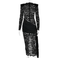 Sexy black lace long sleeve dress with asymmetric ruching and elegant trailing detail - S / Black