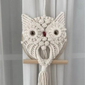 Handmade cream macrame owl wall hanging with bead eyes and wooden stick support - Small Owl